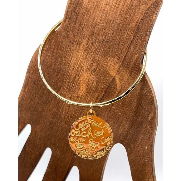 COACH Gold Bangle Bracelet  Logo Signature Disc Charm - Picture 1 of 7